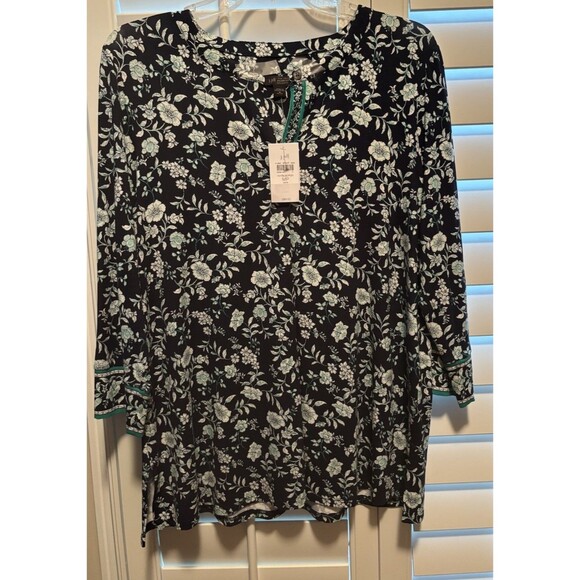 J. Jill Blouse 3/4 Sleeve Stretch Knit Tunic Blouse Women's MP NWT Black w green - Picture 1 of 6